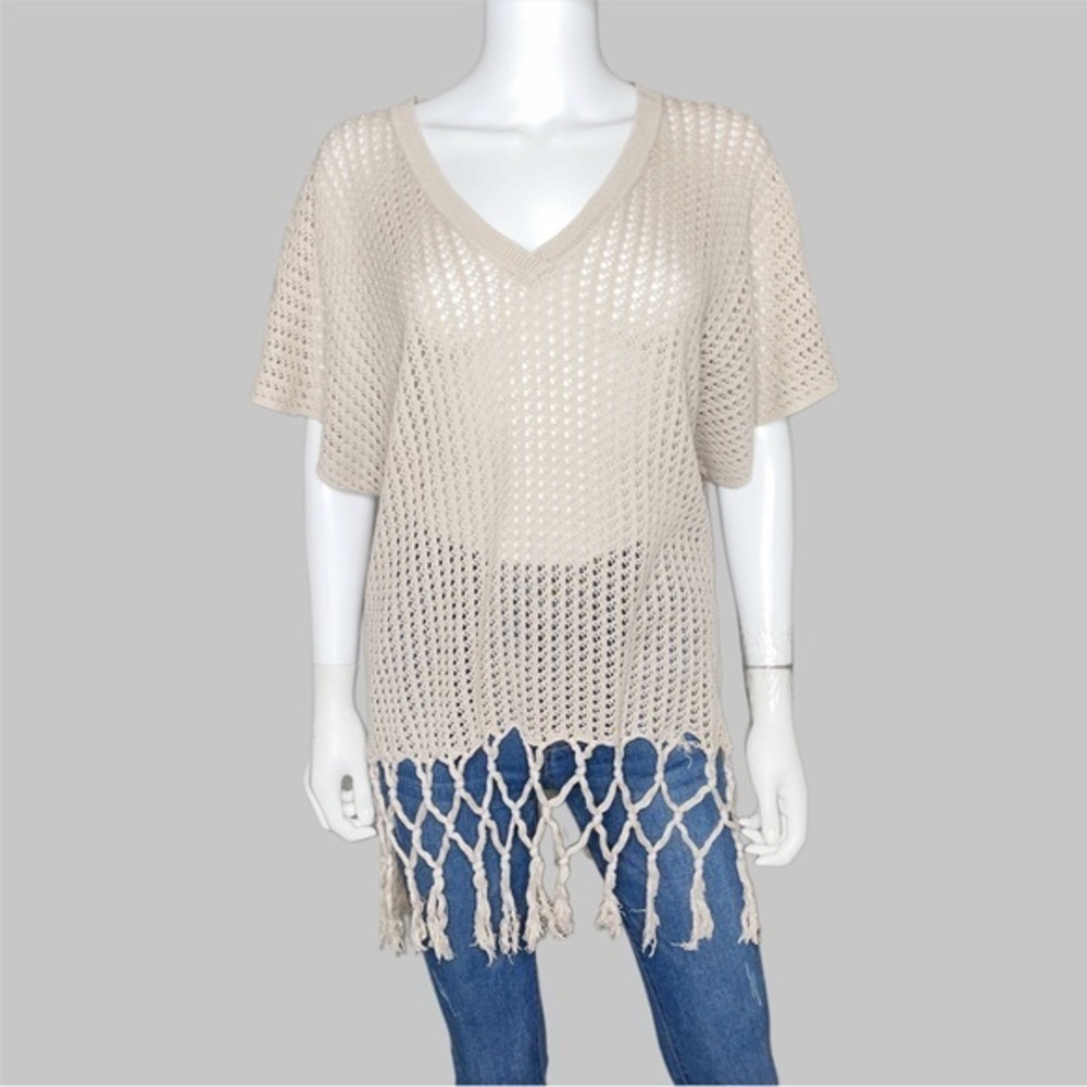 CAbi Beige V-Neck Knitted Open Weave Beach Coverup With Fringe Detail